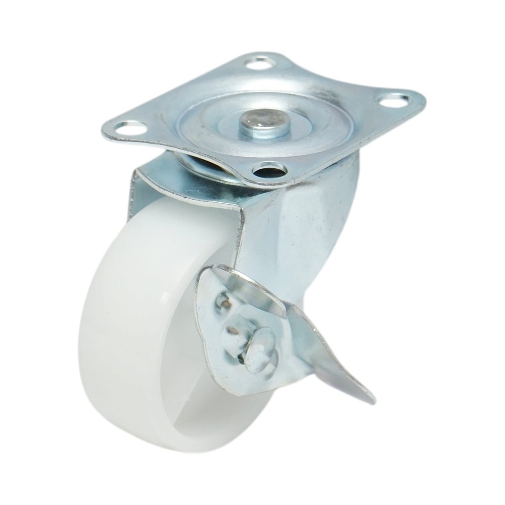 Roata pivotanta 65x23mm cu frana, polipropilena alba, placa otel 70x58mm 35kg