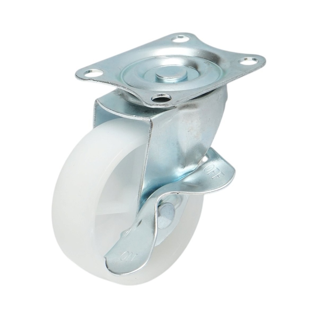 Roata pivotanta 73x25mm cu frana, polipropilena alba, placa otel 70x58mm 45kg