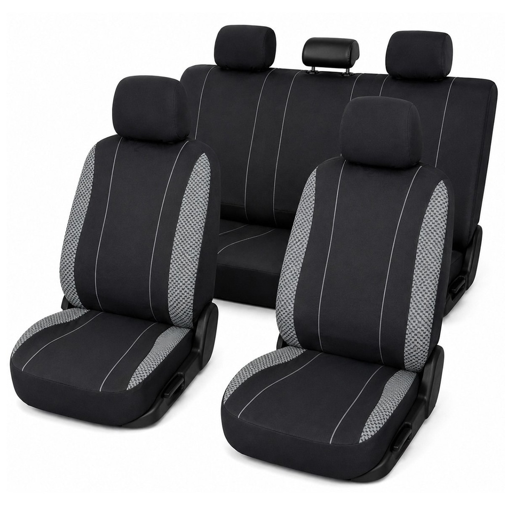 Set huse scaune auto universale negru-gri, material textil 8 piese