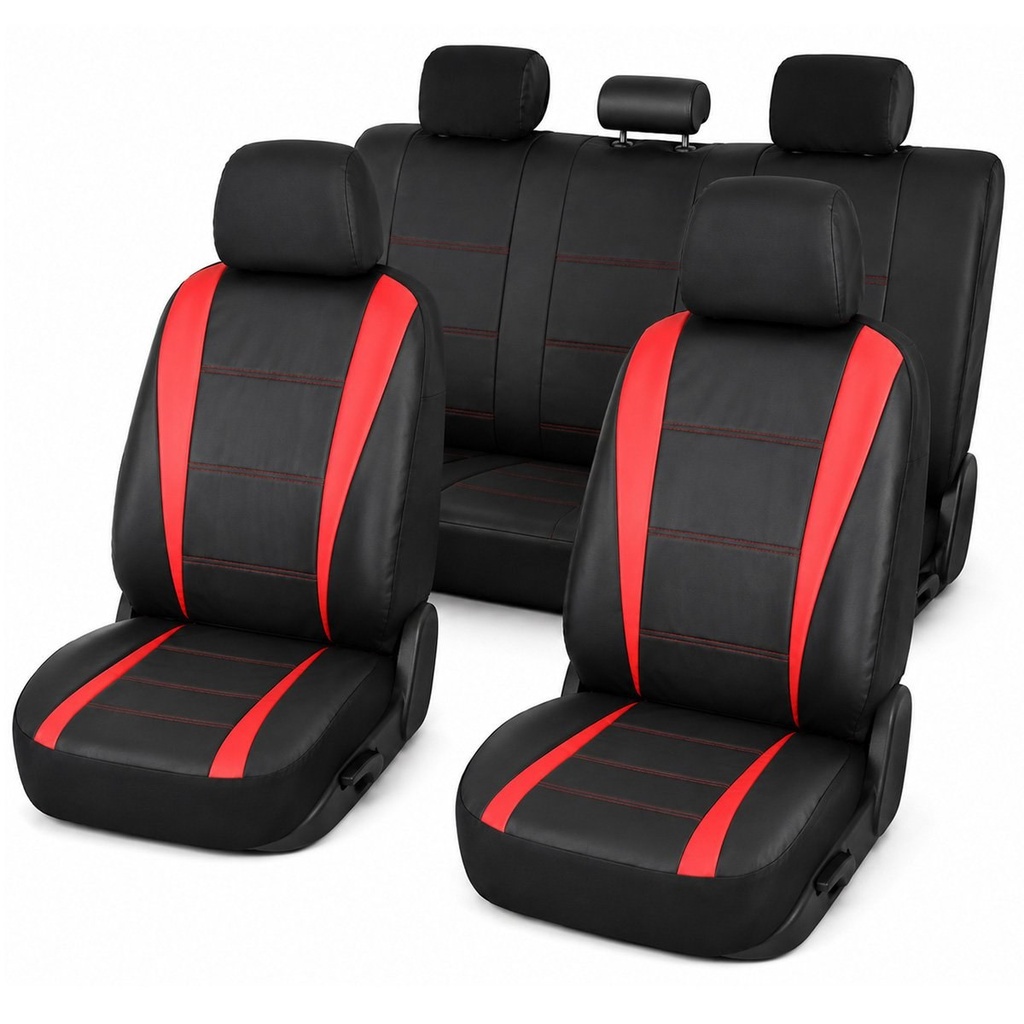 Set huse scaune auto universale negru-rosu, material piele ecologica si textil 8 piese