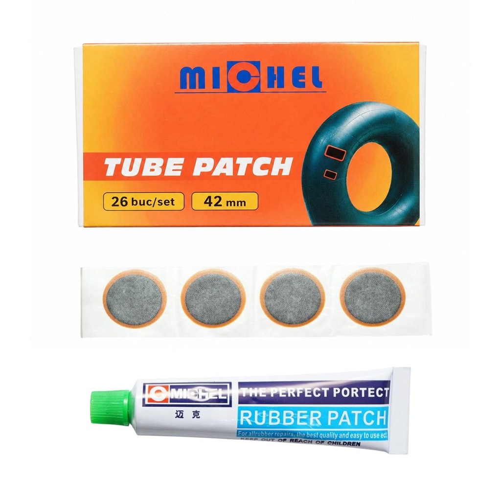 Set 26 petice vulcanizare rotunde 42mm + 1 tub adeziv 20ml pentru camere de aer Michel