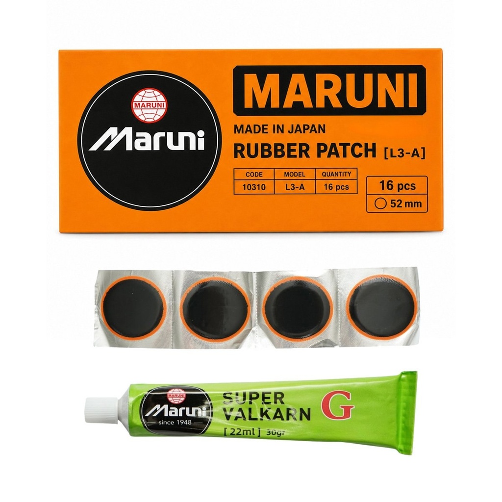 Set 16 petice vulcanizare rotunde 52mm + 1 tub adeziv Super Valcarn G 22ml pentru camere de aer L3-A Maruni made in Japan