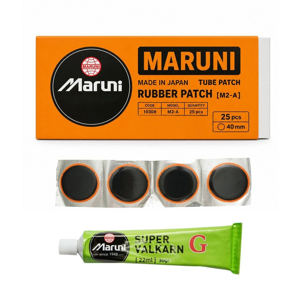 Set 25 petice vulcanizare rotunde 40mm + 1 tub adeziv Super Valcarn G 22ml pentru camere de aer M2-A Maruni made in Japan