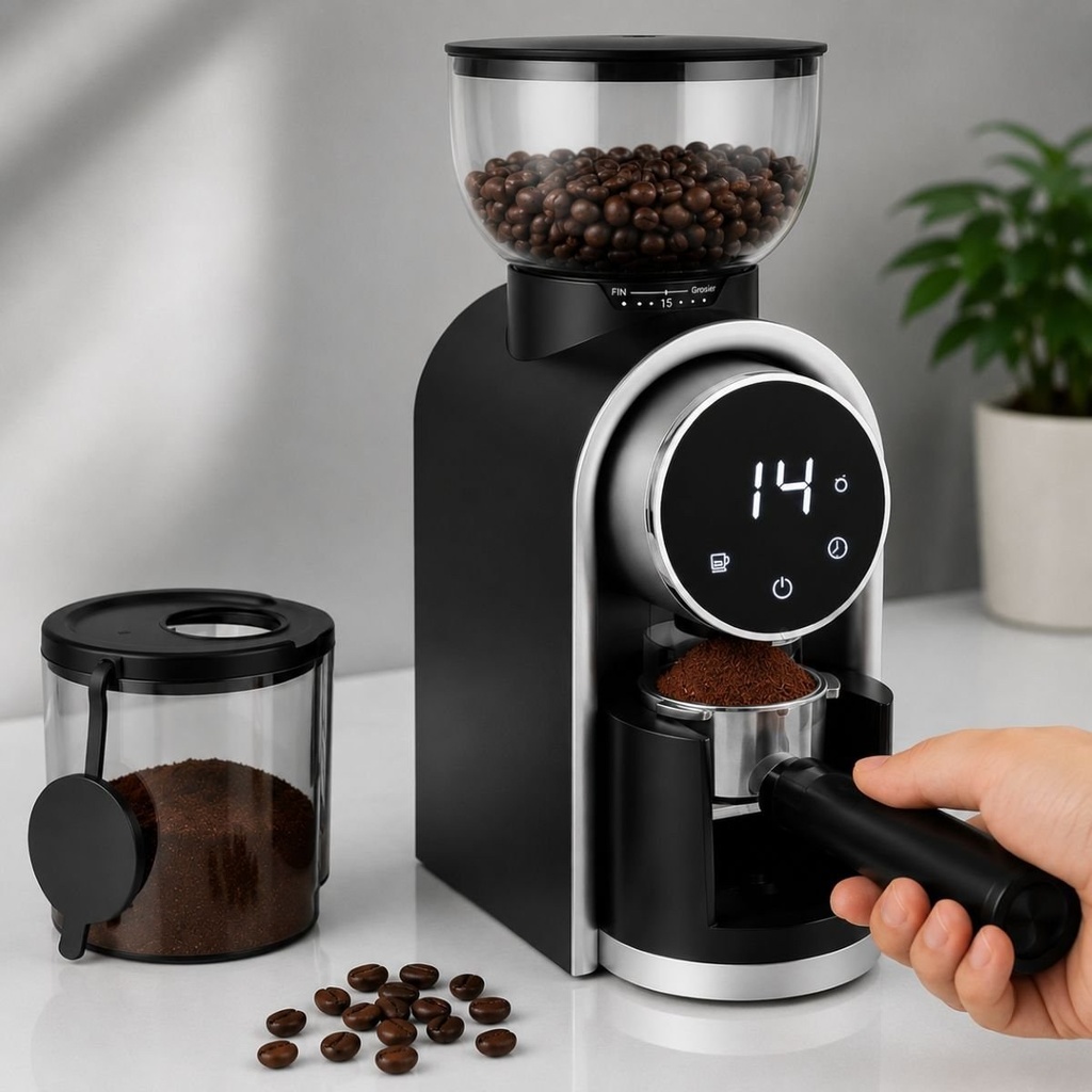 Rasnita electrica de cafea automata 150W, 220V, reglaj macinare 25 trepte, afisaj digital touch, bavuri conice, recipient boabe 250g