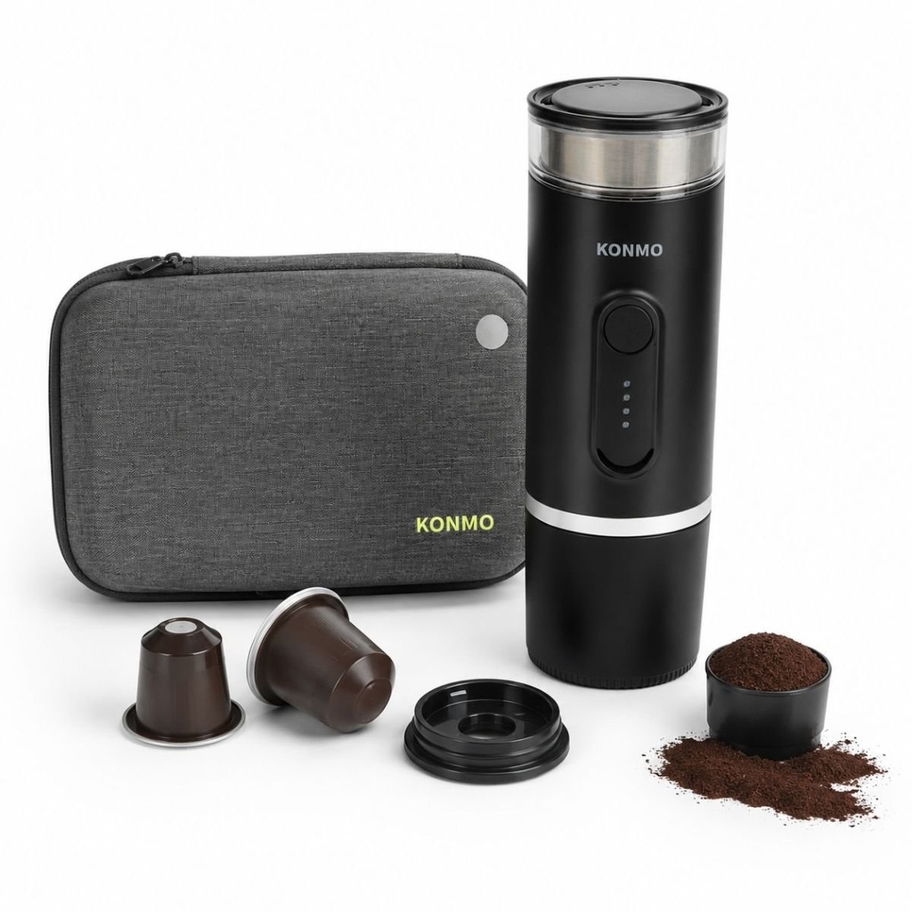 Aparat de cafea portabil cu acumulator 9000mAh, 12V, 140W, incalzire apa, presiune 15 bar, rezervor apa 90ml, cafea macinata, capsule Nespresso