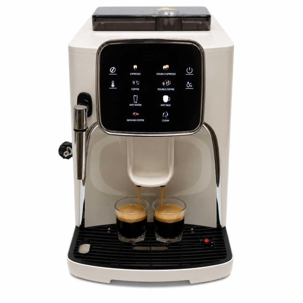 Espressor automat cafea boabe cu rasnita integrata 1450W, 220V, panou digital touch, sistem spumare lapte, presiune 19 bar, rezervor apa 1.7L