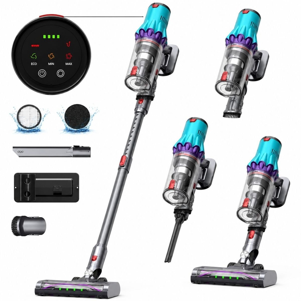 Aspirator vertical fara fir 300W, putere aspirare 35 kPa, baterie 2000mAh, recipient praf 800ml, 3 moduri de aspirare, ecran tactil LED, motor brushless, perie iluminata LED