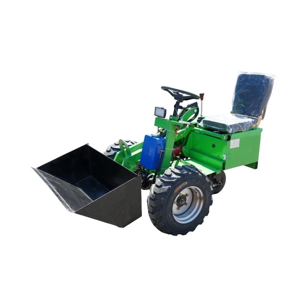 Mini incarcator frontal electric cu 3 roti, 2 motoare 2200W/1500W, baterie 48V/52Ah, capacitate ridicare 150kg, cupa 1000x550mm