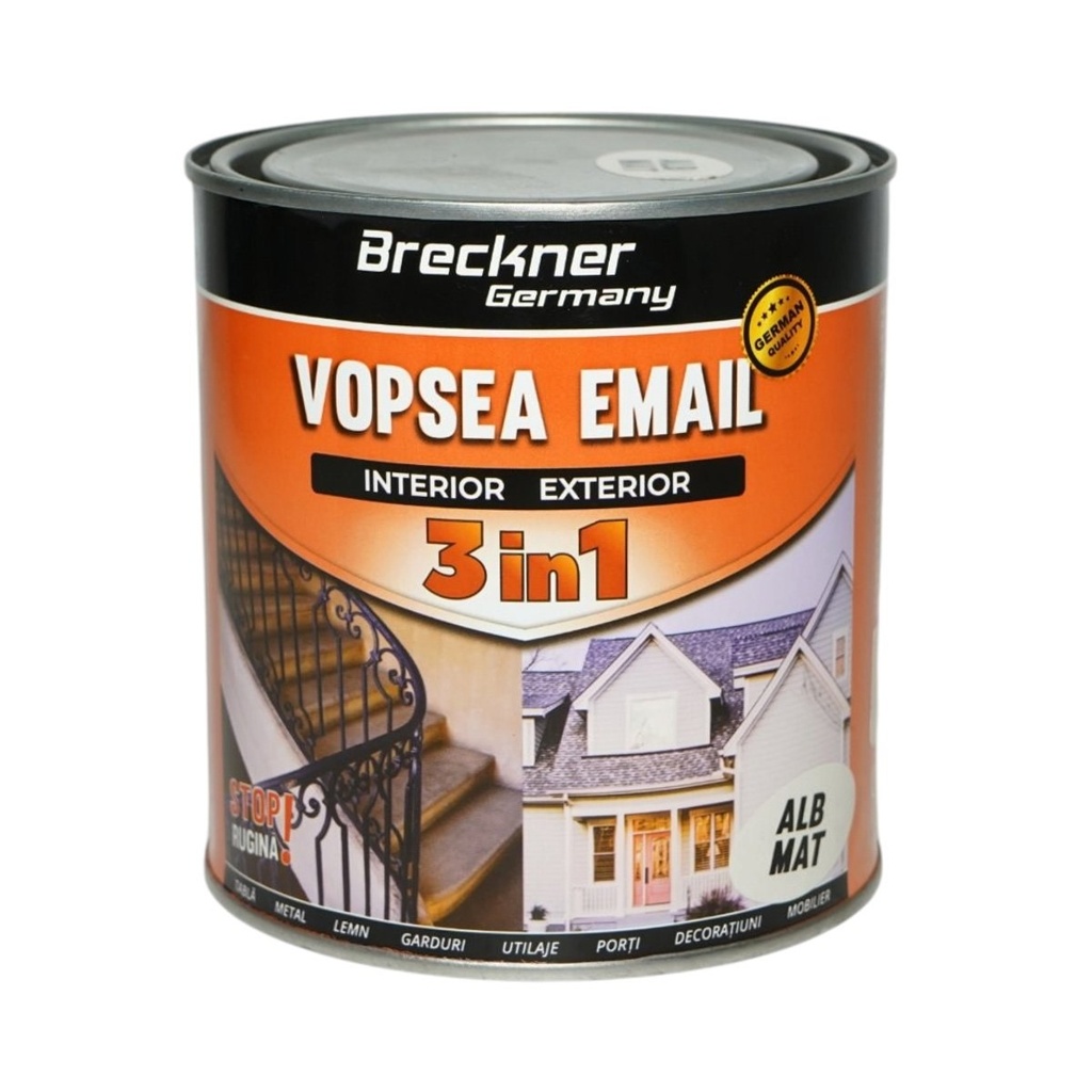 Vopsea email anticoroziva 3 in 1 alb mat pe baza de solvent 1L, direct pe rugina, interior si exterior