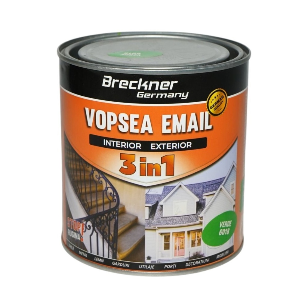 Vopsea email anticoroziva 3 in 1 verde 6018 pe baza de solvent 1L, direct pe rugina, interior si exterior