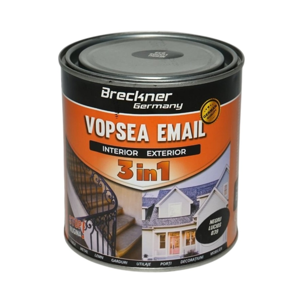 Vopsea email anticoroziva 3 in 1 negru lucios 039 pe baza de solvent 1L, direct pe rugina, interior si exterior