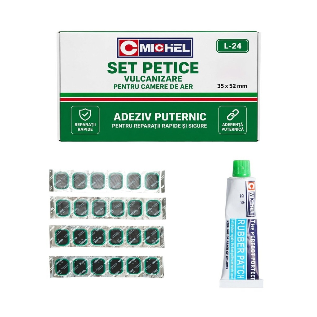 Set 24 petice vulcanizare ovale 35x52mm + 1 tub adeziv 20ml pentru camere de aer L-24 Michel