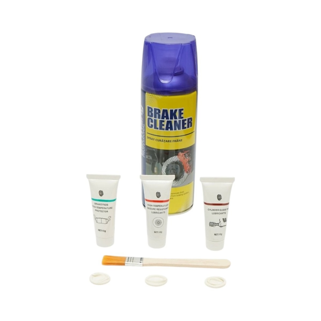Kit intretinere sistem franare cu spray curatare frane, pasta anti-scartait, lubrifiant temperaturi ridicate si vaselina etrieri