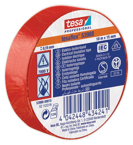 Bandă izolatoare electrică PVC moale roșu 10mx15mm TesaFLEX®