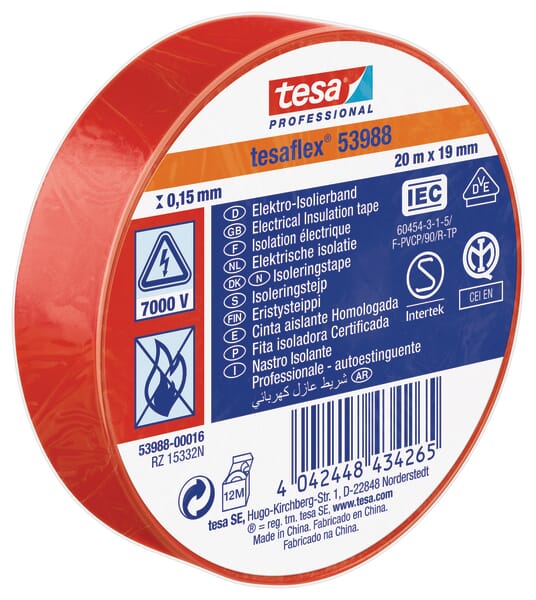 Bandă izolatoare electrică PVC moale roșu 20mx19mm TesaFLEX®