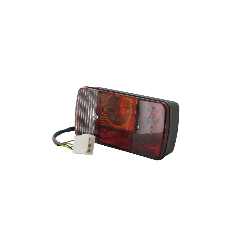 [AMAT2-30668] Lampă spate stânga dreptunghiulară, transparent/chihlimbar/roșu, cu șuruburi, fișă Deutsch 189,5x97mm, Cobo 021065000