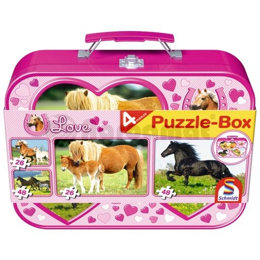 [AMAT3-91264] Cutie pentru puzzle-in cutie metalica, cai, 2 x 26, 2 x 48 piese