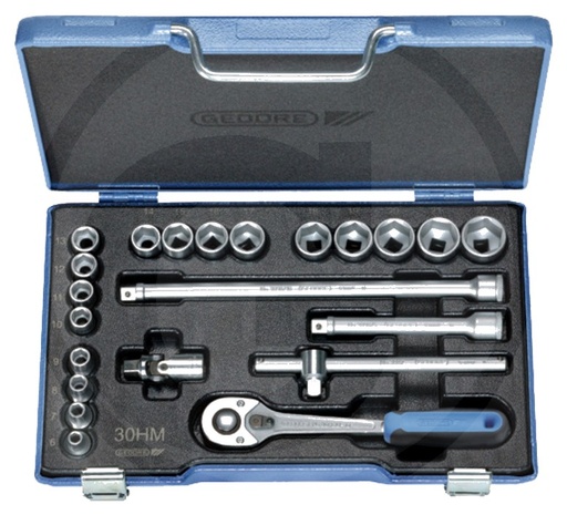 [AMAT3-198633] GEDORE Set chei tubulare 3/8" - 22-piese, cu hexagonal profil DU, in cutie albastra din tabla