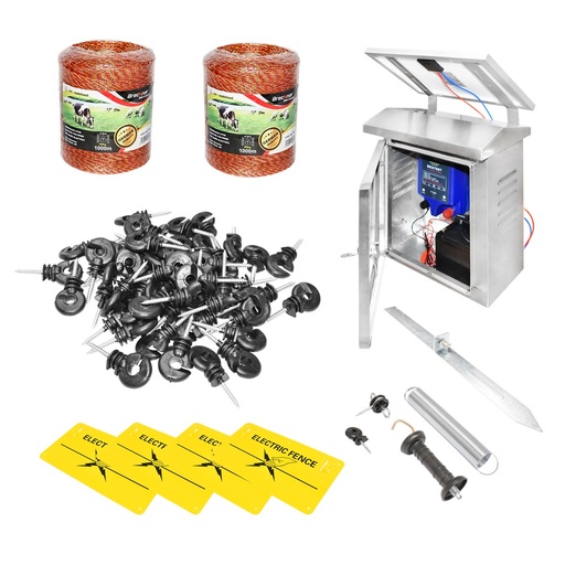 [AMAT6-104749] Kit complet gard electric 12 Joule, 12V cu panou solar 30W, baterie 12V/12Ah, lungime fir 2000m, 100 izolatori, kit poarta, 4 placute de avertizare