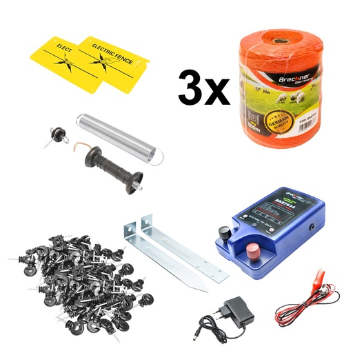 [AMAT6-104753] Kit complet gard electric 12/220V, 3 Joule, lungime fir 1500m, 200 izolatori, 2 manere poarta si 2 placute avertizare