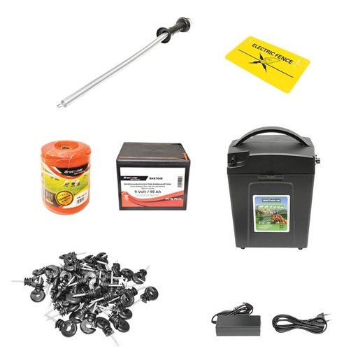 [AMAT6-104757] Kit complet gard electric 9/12V, 0,7 Joule, lungime fir 500m, 100 izolatori, manere poarta, placuta avertizare si baterie uscata (nereincarcabila) 9V/90Ah