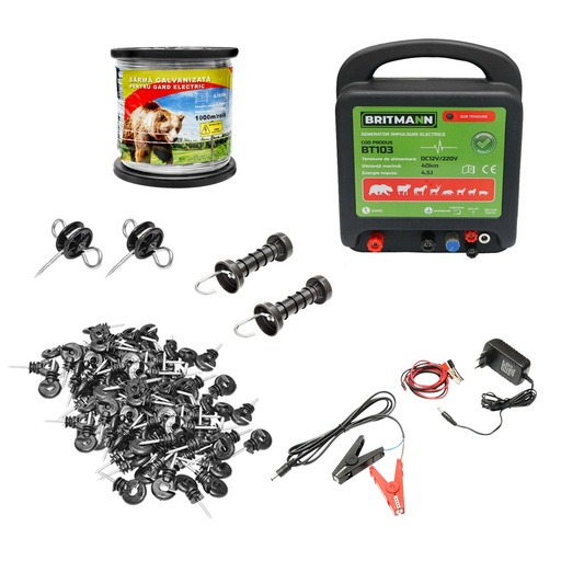 [AMAT6-107654] Kit complet gard electric 12/220V, 4.5 Joule lungime sarma 1000m, 100 izolatori Britmann