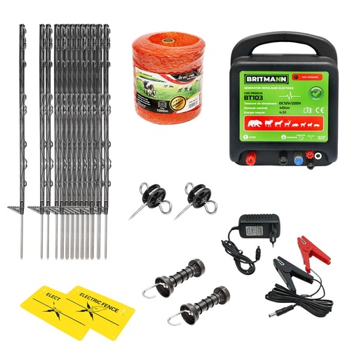 [AMAT6-107655] Kit complet gard electric 12/220V, 4.5 Joule lungime fir 1000m, 50 stalpi si placute avertizare Britmann