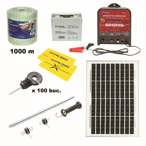 [AMAT6-109032] Kit complet gard electric 12V, 9 Joule cu panou solar 20W, lungime fir 1000m, 100 izolatori, maner, poarta si 2 placute avertizare