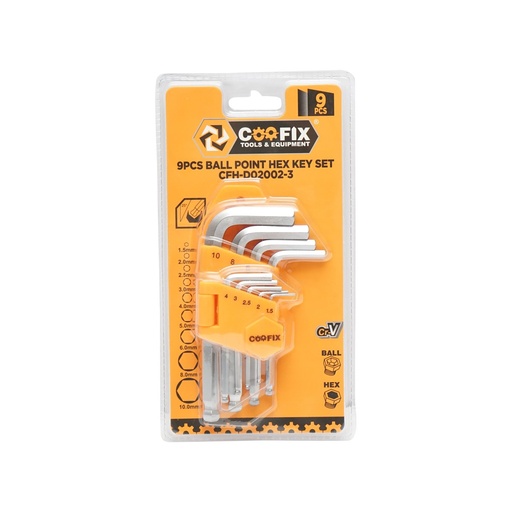 [AMAT6-112136] Set 9 imbusuri hexagonale cu brat scurt si varf sferic unghi desfacere 25 grade profesional Coofix