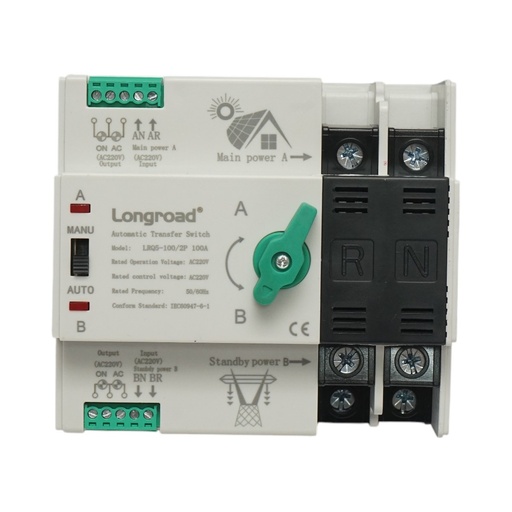 [AMAT6-114336] Comutator ATS 220V monofazat, separator automat de la panouri fotovoltaice la retea LRQ5-100/2P 100A Longroad