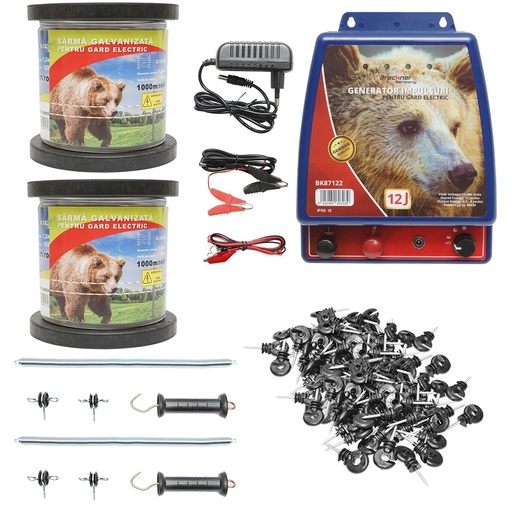 [AMAT6-114980] Kit complet gard electric 12V-220V, 12 Joule, lungime sarma 2000m, 200 izolatori, kit poarta