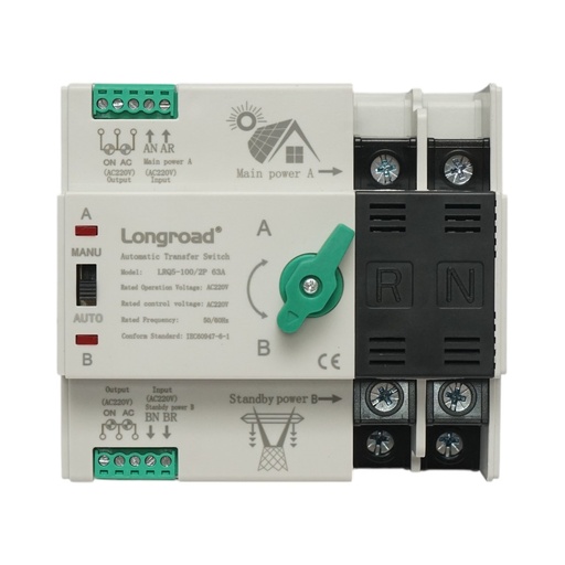 [AMAT6-115222] Comutator ATS 220V monofazat, separator automat de la panouri fotovoltaice la retea LRQ5-100/2P 63A Longroad