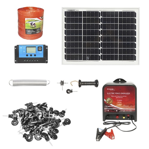 [AMAT6-115360] Kit complet gard electric 12V, 14 Joule lungime fir 1000m cu panou solar 20W si 100 izolatori