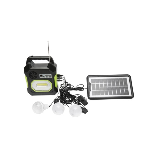 [AMAT6-115436] Kit iluminat portabil LED cu 3 becuri/proiector, radio FM panou solar si baterie 6V, 4.5 Ah pentru pescuit camping GD-15