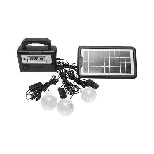 [AMAT6-115438] Kit iluminat portabil LED cu 3 becuri/proiector, radio FM, telecomanda panou solar si baterie 6V, 2 Ah pentru pescuit camping GD-8028