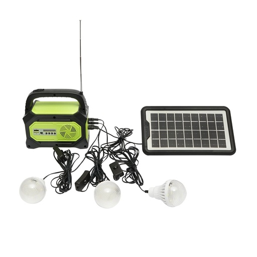 [AMAT6-115451] Kit iluminat portabil LED cu 3 becuri/proiector, radio FM, MP3, panou solar si baterie 6V, 4.5 Ah pentru pescuit camping GD-8073