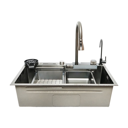 [AMAT6-118934] Chiuveta bucatarie multifunctionala din otel inoxidabil cu doua baterii, afisaj digital temperatura, functie cascada, spalator pahare, scurgator, tava, tocator si accesorii
