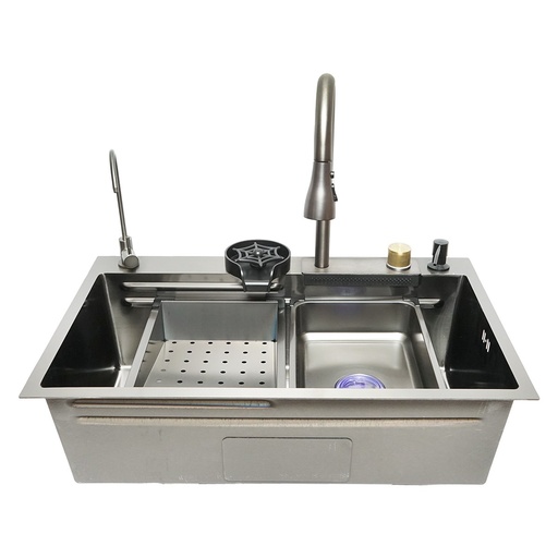 [AMAT6-118936] Chiuveta bucatarie multifunctionala din otel inoxidabil cu doua baterii, functie cascada, dozator sapun, spalator pahare, scurgator, tava, tocator si accesorii scurgere incluse,