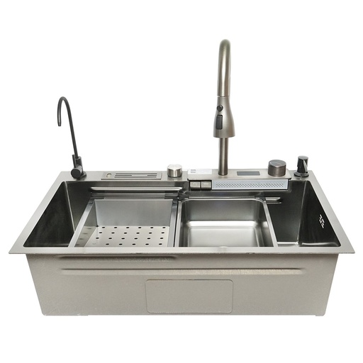 [AMAT6-118935] Chiuveta bucatarie multifunctionala din otel inoxidabil cu doua baterii, afisaj digital temperatura, functie cascada, dozator sapun, scurgator, tava, tocator si accesorii scurgere