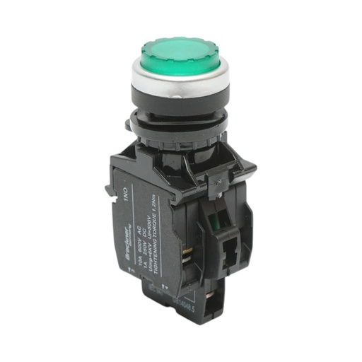 [AMAT6-124364] Buton comanda iluminat convex LED 220V AC verde cu revenire 1NO+1NC, 10A/600V AC, 1A/250V DC LA42