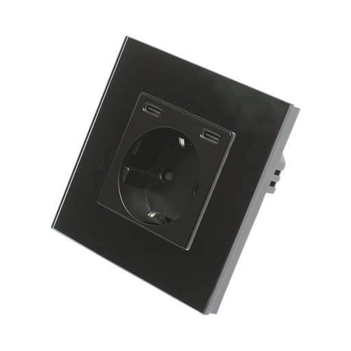 [AMAT6-124553] Priza schuko neagra 220V, 16A, 2xUSB-C 20W incarcare rapida, rama sticla 86x86x34mm