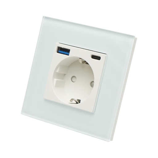 [AMAT6-124559] Priza schuko alba incastrata 220V, 16A, 2xUSB A+C 20W incarcare rapida, rama sticla 86x86x34mm