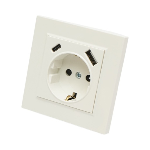 [AMAT6-126080] Priza schuko alba incastrata 220V, 16A, 2xUSB A+C 5V 2.1A, ABS 80x80mm