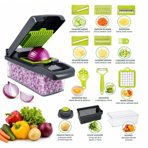 [AMAT6-127927] Tocator de legume multifunctional 12 in 1 manual, 8 lame inox interschimbabile, taietor legume, feliator, razatoare, decojitor, separator oua, recipient colectare